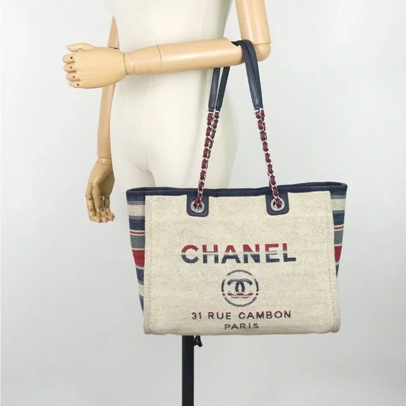 CHANEL Deauville Small Canvas Shopping Tote Bag Cream Multicolor Sides Authentic - Picture 11 of 11